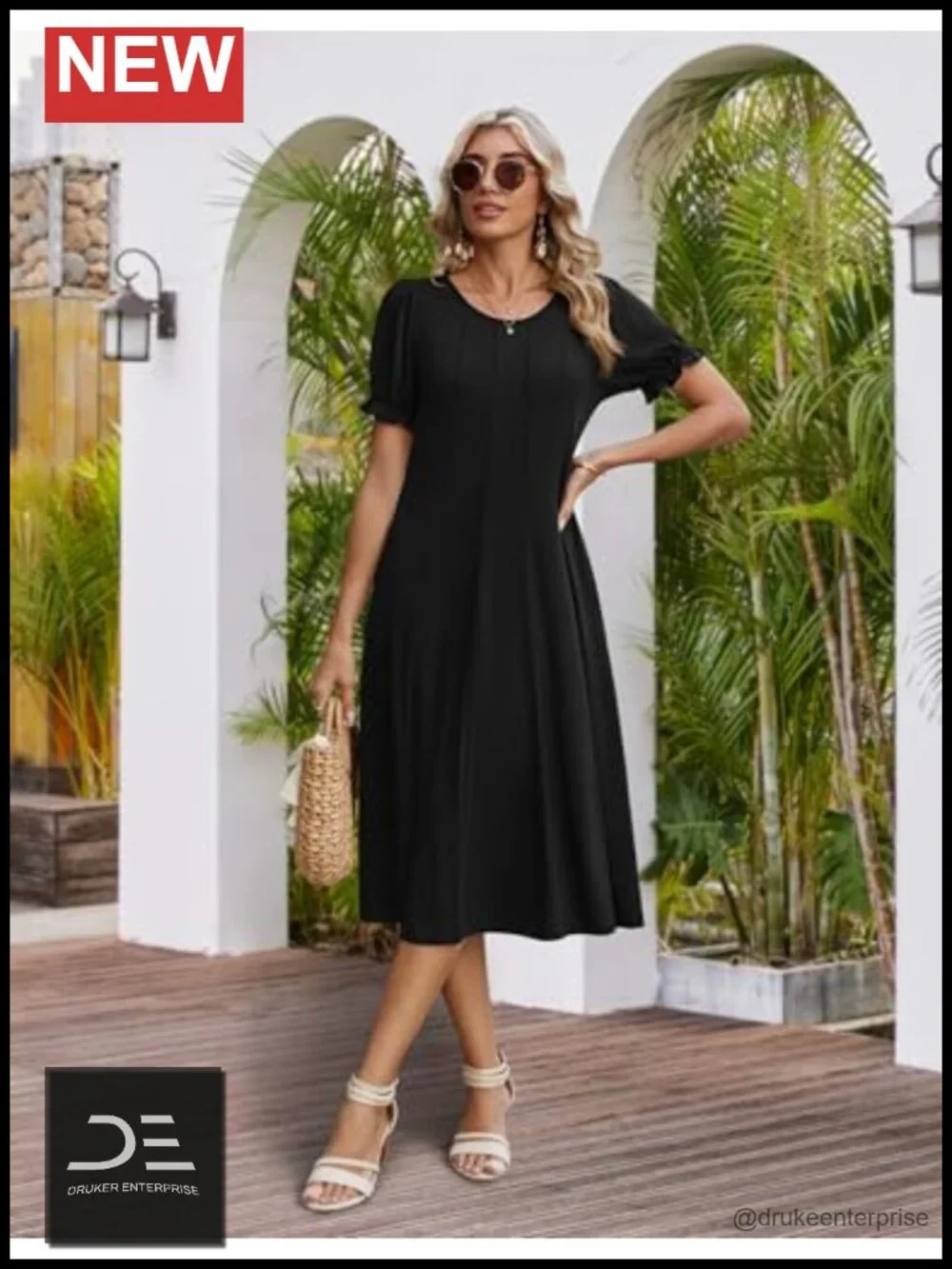 Midi Dress with Puff Sleeves Pleated Flowy Sundress with Pockets